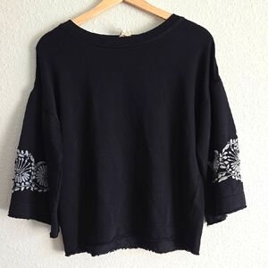 Sister Mary Mora Black Ribbed Top With Embroidered Sleeves Spring Transition Top